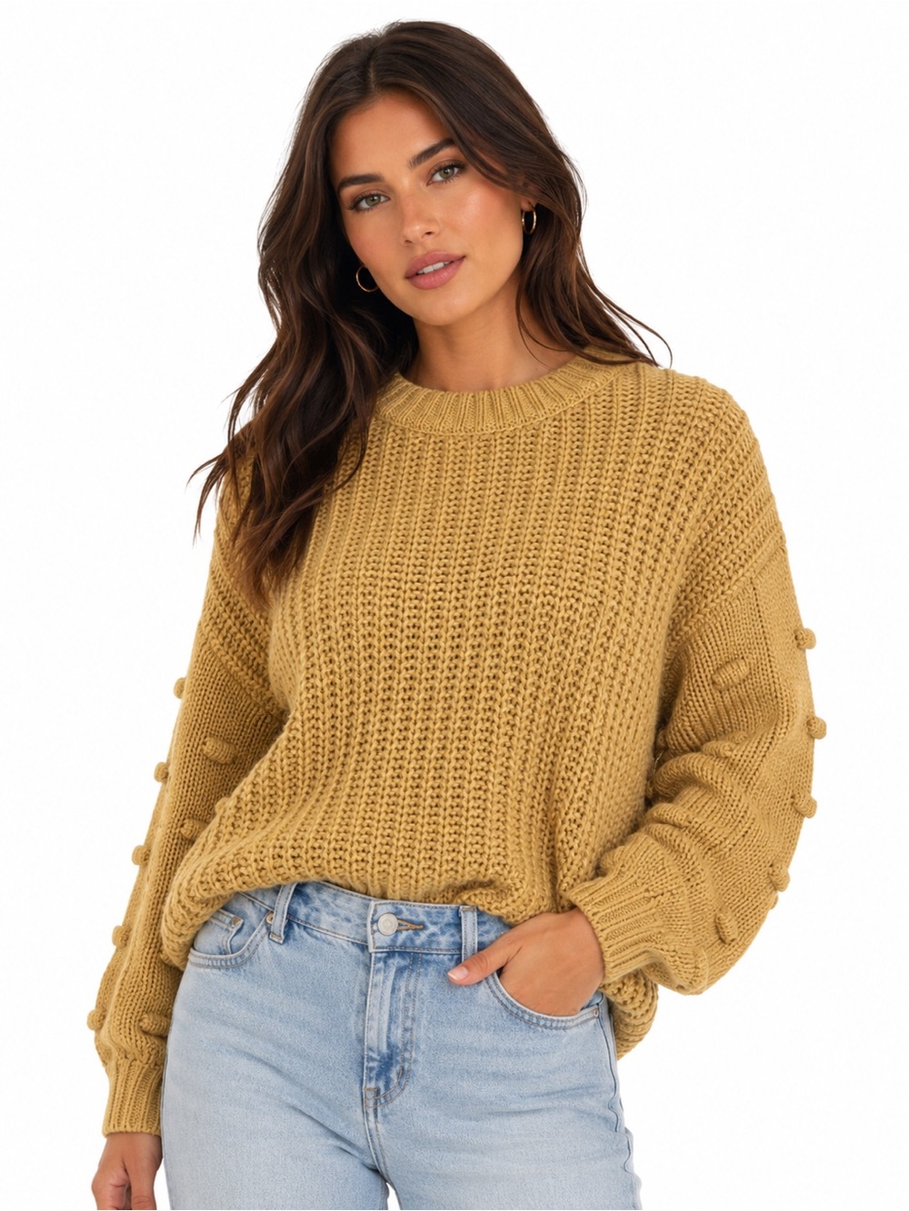 Moon & Madison Camel Popcorn Sleeve Chunky Knit Cropped Sweater XS